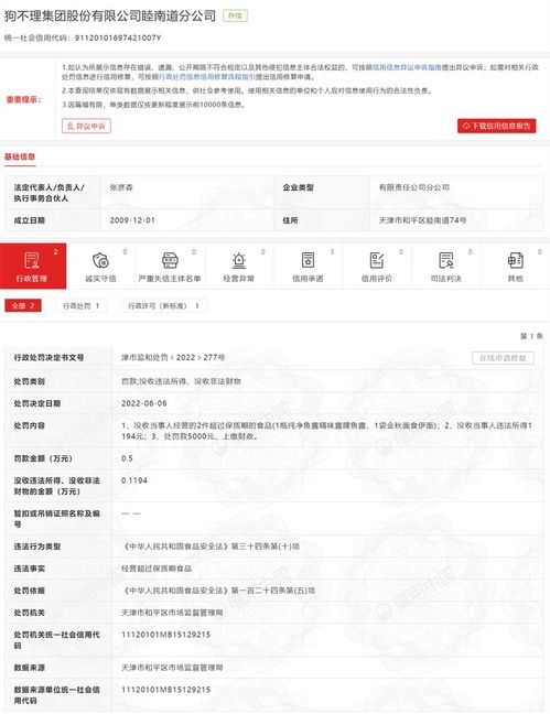 狗不理一分公司經營過期食品被罰款5000元